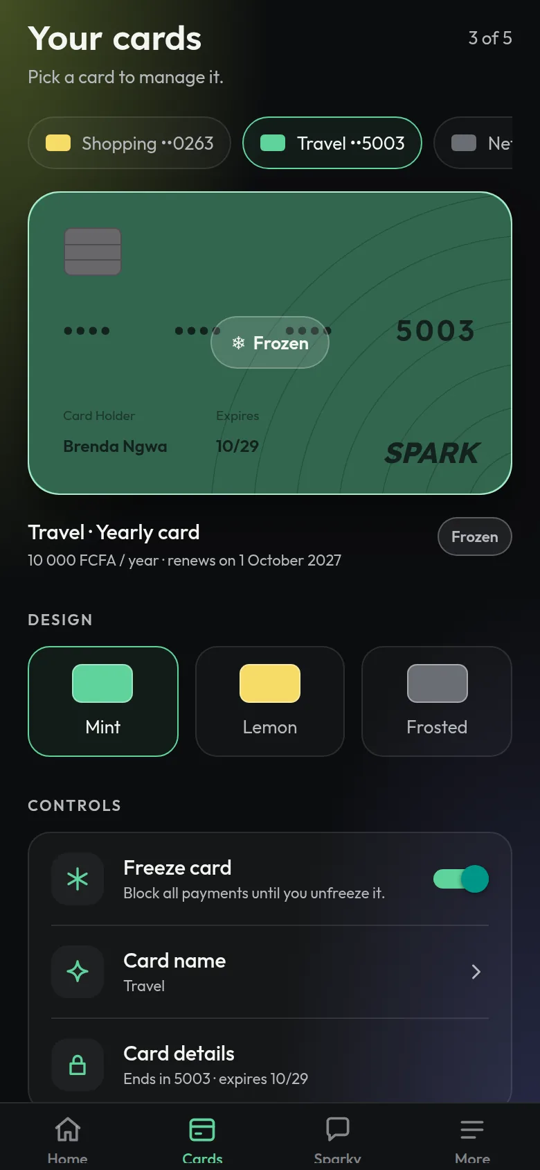The Travel card frozen in the Cards tab