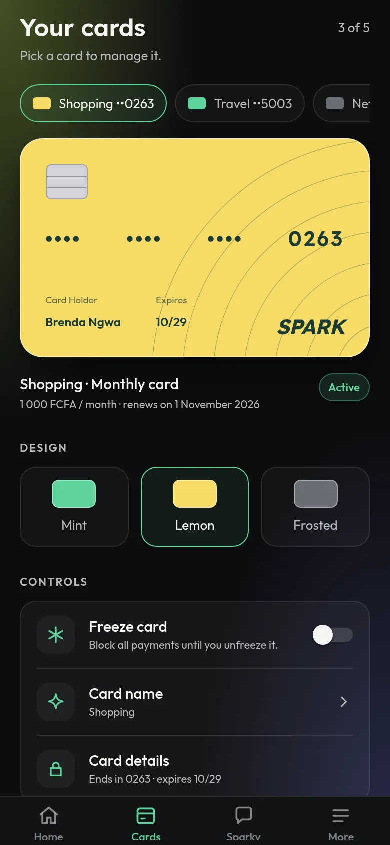 Your cards screen with three cards: Shopping, Travel and Netflix