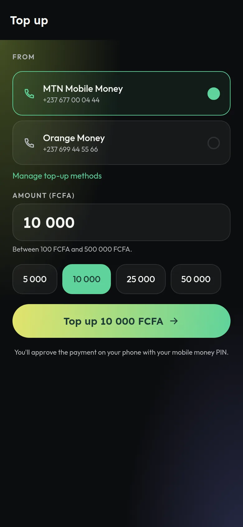 Top up screen with MTN Mobile Money selected and 10 000 FCFA entered